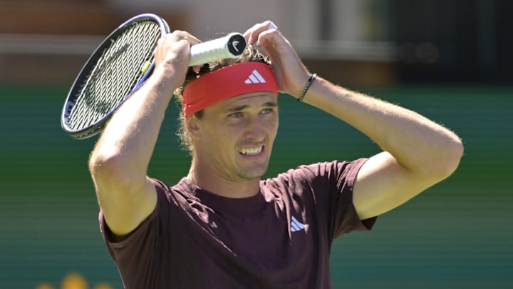 Mar 7, 2025; Indian Wells, CA, USA;  Alexander Zverev (GER) reacts after missing a shot against Tallon Griekspoor (not pictured) in his second round match during the BNP Paribas Open at the Indian Well Tennis Garden.