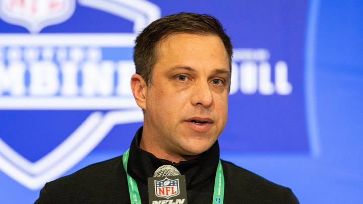 Feb 27, 2024; Indianapolis, IN, USA; Kansas City Chiefs General Manager Brett Veach talks to the media at the 2024 NFL Combine at Indiana Convention Center. Mandatory Credit: Trevor Ruszkowski-Imagn Images