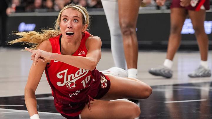 Indiana Fever guard Lexie Hull (10) reacts to a call Thursday, Oct. 1, 2026, during the first half of Game 3 against the Las Vegas Aces. Indiana Fever guard Lexie Hull (10) reacts to a call Thursday, Oct. 1, 2026, during the first half of Game 3 against the Las Vegas Aces.