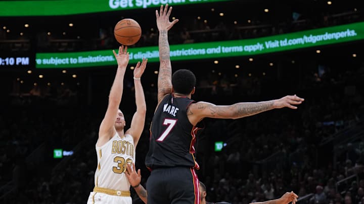 Dec 19, 2025; Boston, Massachusetts, USA; Boston Celtics forward Sam Hauser (30) shoots the ball against the Miami Heat in the second half at TD Garden. Mandatory Credit: David Butler II-Imagn Images