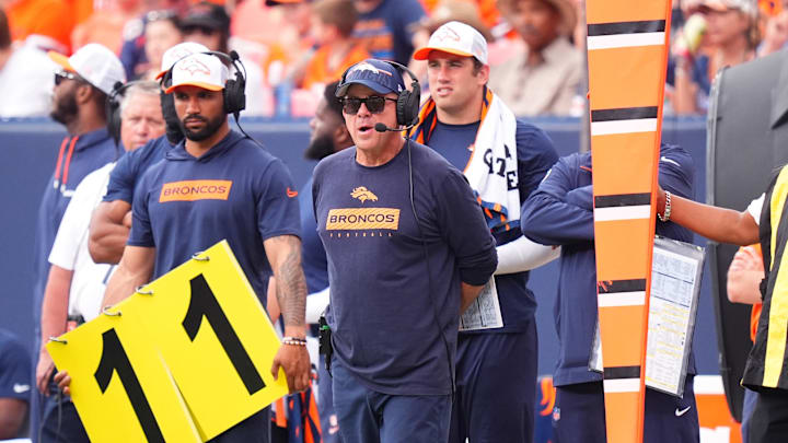 Aug 25, 2024; Denver, Colorado, USA; Denver Broncos head coach Sean Payton on the sidelines in the second half against the Arizona Cardinals at Empower Field at Mile High. Mandatory Credit: Ron Chenoy-Imagn Images