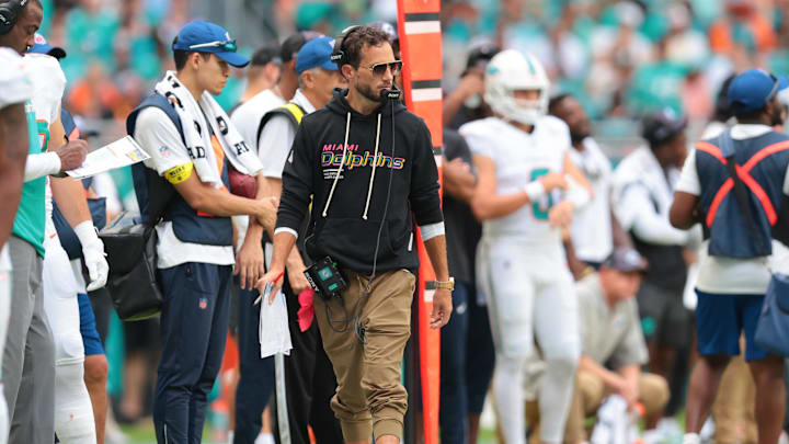 Miami Dolphins head coach Mike McDaniel watches from the sideline against the Los Angeles Chargers during the fourth quarter at Hard Rock Stadium. Miami Dolphins head coach Mike McDaniel watches from the sideline against the Los Angeles Chargers during the fourth quarter at Hard Rock Stadium.
