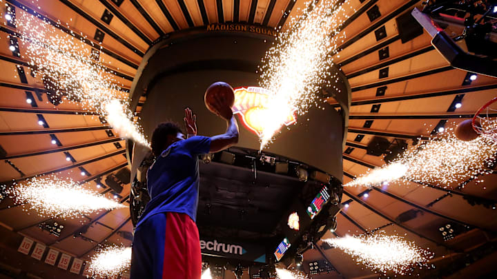 Feb 26, 2024; New York, New York, USA; Detroit Pistons forward Ausar Thompson (9) warms up as the