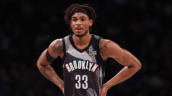 Mar 24, 2025; Brooklyn, New York, USA; Brooklyn Nets center Nic Claxton (33) looks on during the first half against the Dallas Mavericks at Barclays Center. Mandatory Credit: Vincent Carchietta-Imagn Images Mar 24, 2025; Brooklyn, New York, USA; Brooklyn Nets center Nic Claxton (33) looks on during the first half against the Dallas Mavericks at Barclays Center. Mandatory Credit: Vincent Carchietta-Imagn Images