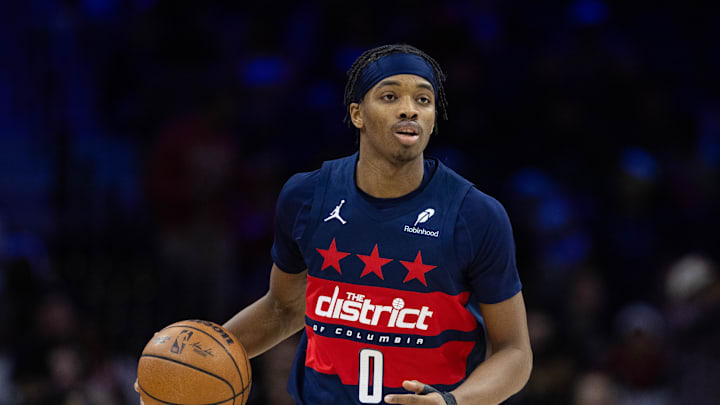 Jan 8, 2025; Philadelphia, Pennsylvania, USA; Washington Wizards guard Bilal Coulibaly (0) controls the ball against the Philadelphia 76ers during the second quarter at Wells Fargo Center. Mandatory Credit: Bill Streicher-Imagn Images