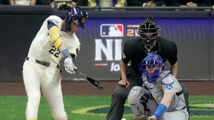 Milwaukee Brewers left fielder Christian Yelich (22) strikes out during the fourth inning of their National League Championship Series game against the Los Angeles Dodgers October 14, 2025 at American Family Field in Milwaukee, Wisconsin.