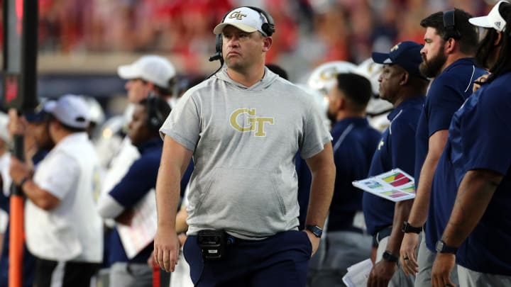 Sep 16, 2023; Oxford, Mississippi, USA; Georgia Tech Yellow Jackets head coach Brent Key walks along