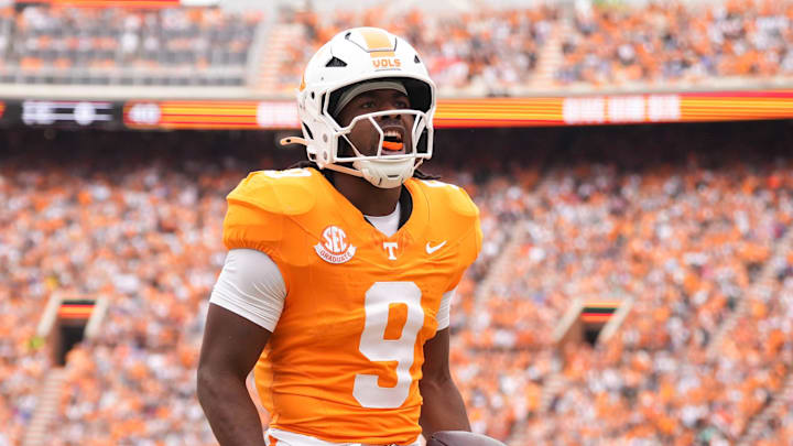 Tennessee running back Star Thomas (9) celebrates after making a touchdown in the NCAA college football game against ETSU on September 6, 2025, in Knoxville, Tennessee.