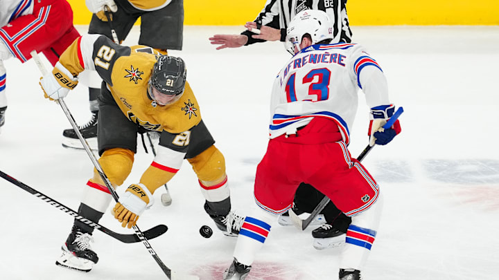 Jan 18, 2024; Las Vegas, Nevada, USA; Vegas Golden Knights center Brett Howden (21) controls the