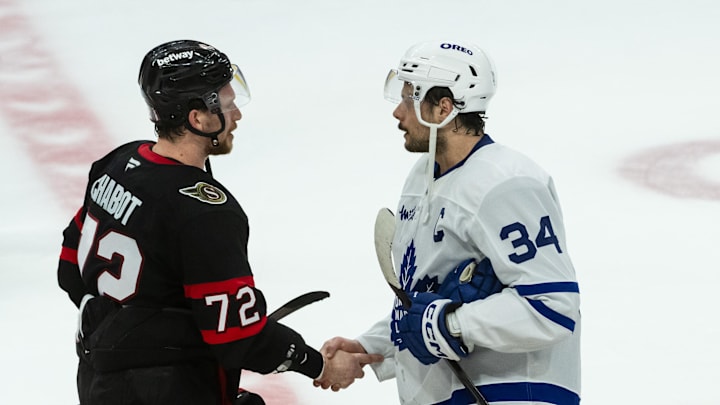 May 1, 2025; Ottawa, Ontario, CAN; Ottawa Senators defenseman Thomas Chabot (72) shakes hands with Toronto Maple Leafs center Auston Matthews (34) following the Toronto Maple Leafs win in game six of the first round of the 2025 Stanley Cup Playoffs at Canadian Tire Centre. Mandatory Credit: Marc DesRosiers-Imagn Images