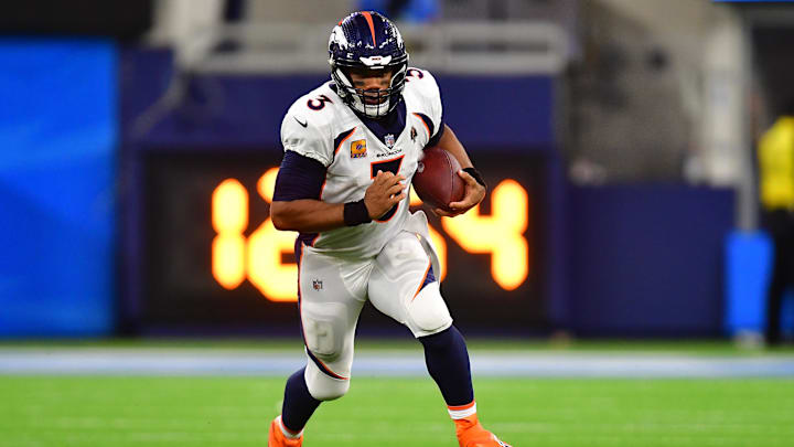 Oct 17, 2022; Inglewood, California, USA; Denver Broncos quarterback Russell Wilson (3) runs the