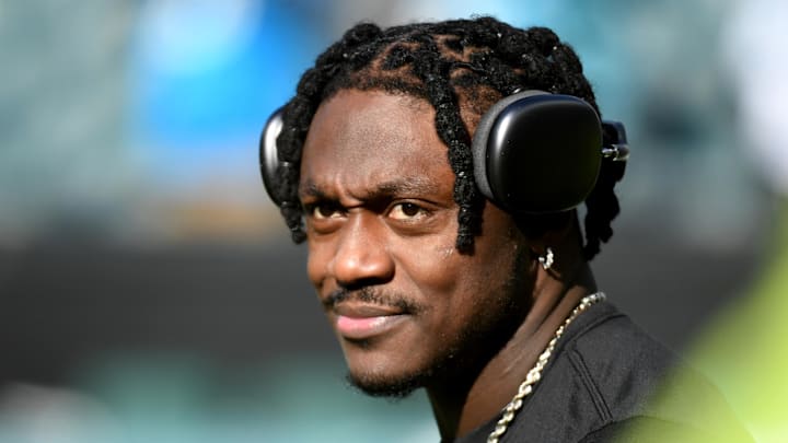 Dec 8, 2024; Philadelphia, Pennsylvania, USA; Philadelphia Eagles wide receiver A.J. Brown (11) during warmups against the Carolina Panthers at Lincoln Financial Field. Mandatory Credit: Eric Hartline-Imagn Images