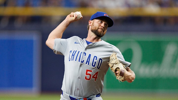 Jun 13, 2024; St. Petersburg, Florida, USA;  Chicago Cubs pitcher Colten Brewer (54) throws a pitch against the Tampa Bay Rays in the eighth inning at Tropicana Field. Mandatory Credit: Nathan Ray Seebeck-Imagn Images