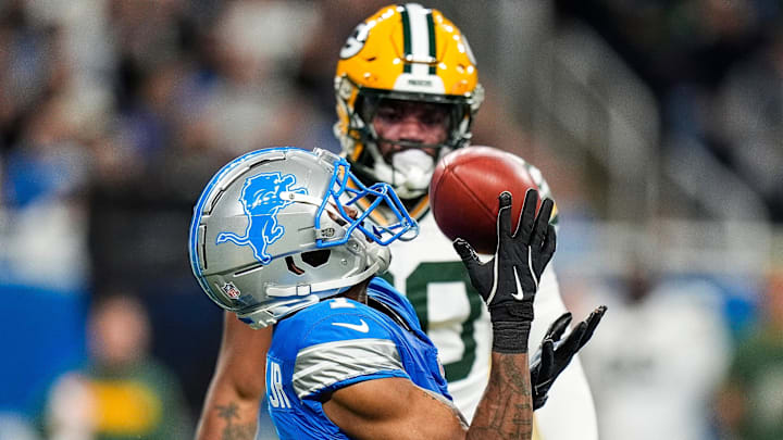 Detroit Lions punt returner Maurice Alexander (1) makes a catch against Green Bay Packers during the second half at Ford Field in Detroit on Thursday, Dec. 5, 2024.