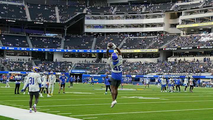 Jun 10, 2021; Los Angeles, CA, USA; Los Angeles Rams defensive back Kareem Orr (46) catches a pass during an offseason workout at SoFi Stadium. Mandatory Credit: Robert Hanashiro-Imagn Images