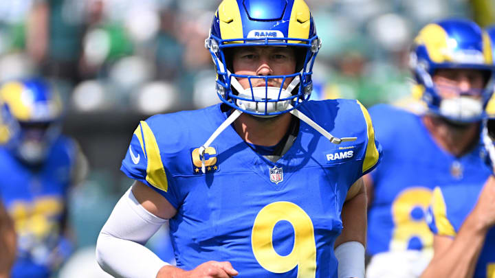 Sep 21, 2025; Philadelphia, Pennsylvania, USA; Los Angeles Rams quarterback Matthew Stafford (9) runs off the field against the Philadelphia Eagles at Lincoln Financial Field. Mandatory Credit: Eric Hartline-Imagn Images Sep 21, 2025; Philadelphia, Pennsylvania, USA; Los Angeles Rams quarterback Matthew Stafford (9) runs off the field against the Philadelphia Eagles at Lincoln Financial Field. Mandatory Credit: Eric Hartline-Imagn Images