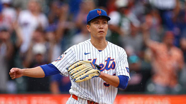 Aug 16, 2026; New York City, New York, USA;  New York Mets pitcher Kodai Senga (34) reacts after recording a save  against the Washington Nationals at Citi Field. Mandatory Credit: Vincent Carchietta-Imagn Images