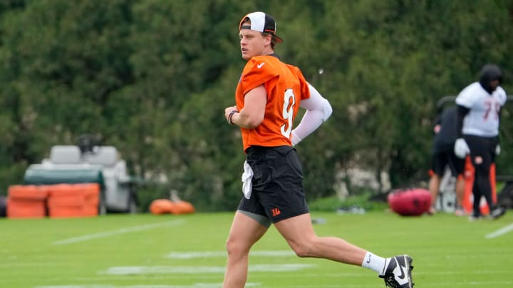 Cincinnati Bengals quarterback Joe Burrow returned to the practice field during an off-season workout at the practice fields outside of Paycor Stadium Tuesday, May 7, 2024. Burrow is recovering from wrist surgery after a season-ending injury he suffered in a Week 11.
