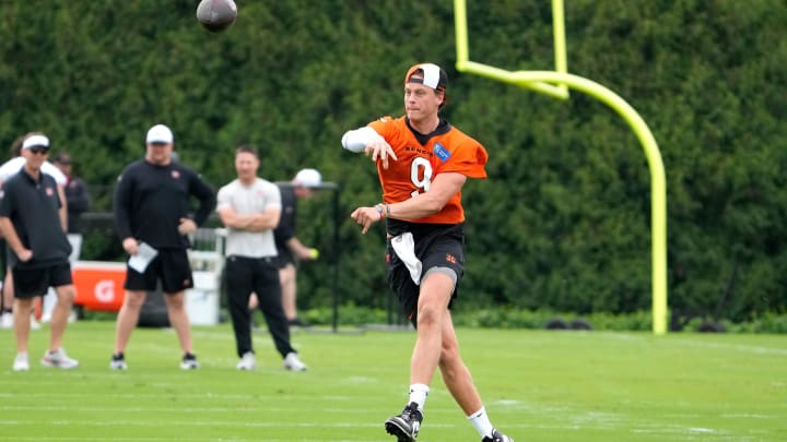 Cincinnati Bengals quarterback Joe Burrow practices during an offseason workout at the practice fields outside of Paycor Stadium Tuesday, May 7, 2024. Burrow is recovering from wrist surgery after a season-ending injury he suffered in a Week 11.