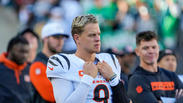 Cincinnati Bengals quarterback Joe Burrow (9) stands on the sidelines after throwing an interception in the 4th quarter at Paycor Stadium on Sunday October 27, 2024. The Bengals lost to the Philadelphia Eagles 37-17 and remain winless at home.
