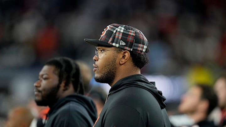 Cincinnati Bengals offensive tackle Orlando Brown Jr. (75) watches his team take on Dallas Cowboys Monday Night Football at AT&T Stadium in Arlington,Texas on Monday, December 9, 2024.