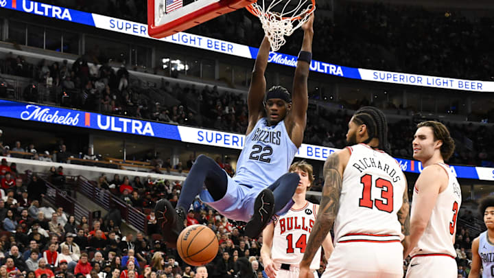 Mar 16, 2026; Chicago, Illinois, USA; Memphis Grizzlies forward Taylor Hendricks (22) dunks the ball against the Chicago Bulls during the second half at United Center. Mandatory Credit: Matt Marton-Imagn Images