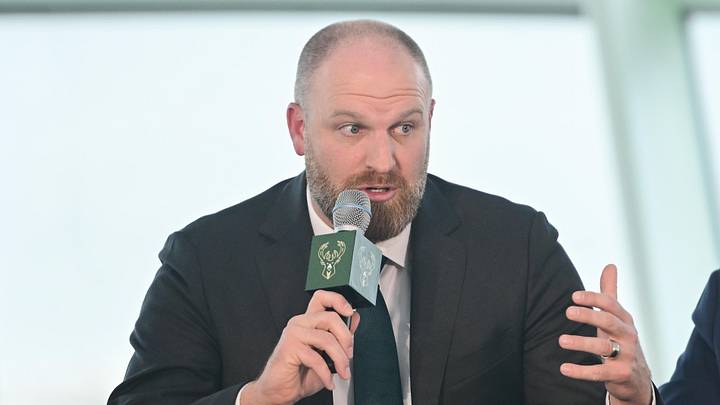 May 6, 2026; Milwaukee, WI, USA;  Milwaukee Bucks introduce new head coach Taylor Jenkins speaks at a press conference at Milwaukee Art Museum. Mandatory Credit: Benny Sieu-Imagn Images