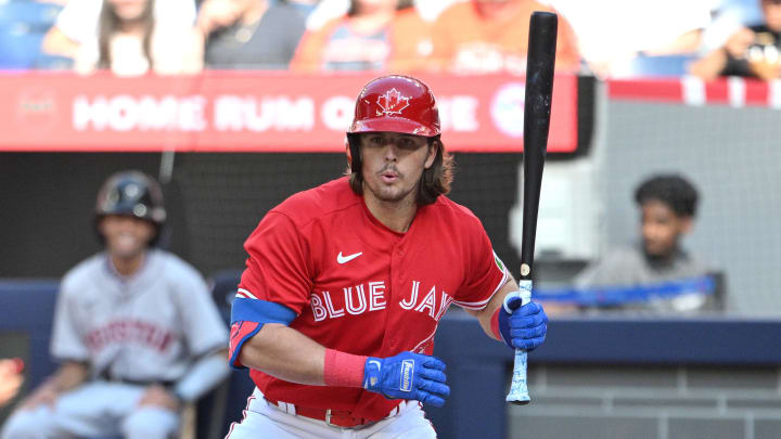 Toronto Blue Jays left fielder Addison Barger (47) reacts after receiving a walk against the Houston Astros in the eighth inning at Rogers Centre.