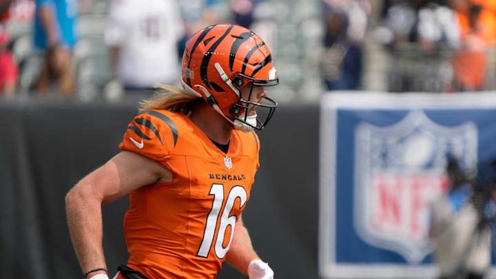 Cincinnati Bengals wide receiver Trenton Irwin (16) takes the field for the Bengals home opener against the New England Patriots at Paycor Stadium Sunday, September 8, 2024. Cincinnati Bengals wide receiver Trenton Irwin (16) takes the field for the Bengals home opener against the New England Patriots at Paycor Stadium Sunday, September 8, 2024.