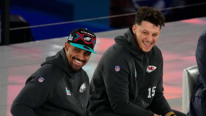 Philadelphia Eagles quarterback Jalen Hurts and Kansas City Chiefs quarterback Patrick Mahomes. Philadelphia Eagles quarterback Jalen Hurts and Kansas City Chiefs quarterback Patrick Mahomes.