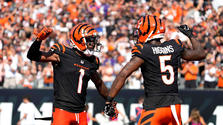 Cincinnati Bengals wide receiver Ja'Marr Chase (1) and wide receiver Tee Higgins.