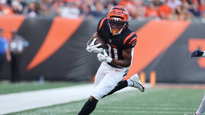 Aug 22, 2026; Cincinnati, Ohio, USA;  Cincinnati Bengals wide receiver Dohnte Meyers (81) runs after a catch during the first quarter against the Chicago Bears at Paycor Stadium.  Mandatory Credit: Joseph Maiorana-Imagn Images
