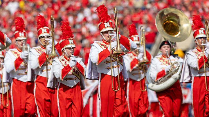 The Cornhusker Marching Band performs.