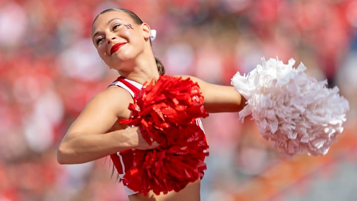 A cheerleader during the Michigan-Nebraska football game in Memorial Stadium on Sept. 20, 2025.