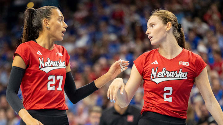 Nebraska outside hitter Harper Murray (27) and setter Bergen Reilly (2) helped the Huskers dismantle Penn State on Friday.