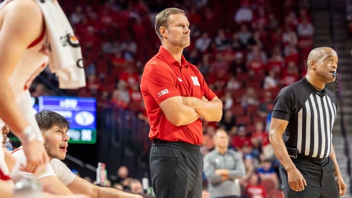 Nebraska men's basketball coach Fred Hoiberg observes the action against BYU.