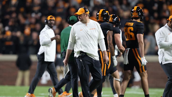 Nov 1, 2025; Knoxville, Tennessee, USA; Tennessee Volunteers head coach Josh Heupel during the first quarter against the Oklahoma Sooners at Neyland Stadium. Mandatory Credit: Randy Sartin-Imagn Images Nov 1, 2025; Knoxville, Tennessee, USA; Tennessee Volunteers head coach Josh Heupel during the first quarter against the Oklahoma Sooners at Neyland Stadium. Mandatory Credit: Randy Sartin-Imagn Images
