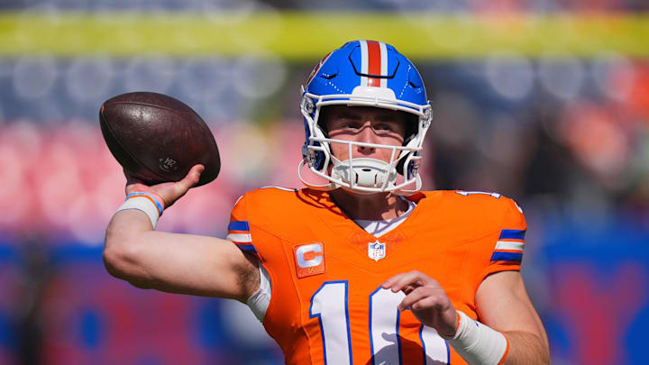 Oct 6, 2024; Denver, Colorado, USA; Denver Broncos quarterback Bo Nix (10) warms up before the game against the Las Vegas Raiders at Empower Field at Mile High. Mandatory Credit: Ron Chenoy-Imagn Images Oct 6, 2024; Denver, Colorado, USA; Denver Broncos quarterback Bo Nix (10) warms up before the game against the Las Vegas Raiders at Empower Field at Mile High. Mandatory Credit: Ron Chenoy-Imagn Images
