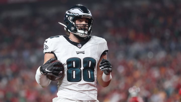 Jan 15, 2024; Tampa, Florida, USA; Philadelphia Eagles tight end Dallas Goedert (88) scores a touchdown against the Tampa Bay Buccaneers after a reception during the first half of a 2024 NFC wild card game at Raymond James Stadium. Jan 15, 2024; Tampa, Florida, USA; Philadelphia Eagles tight end Dallas Goedert (88) scores a touchdown against the Tampa Bay Buccaneers after a reception during the first half of a 2024 NFC wild card game at Raymond James Stadium.