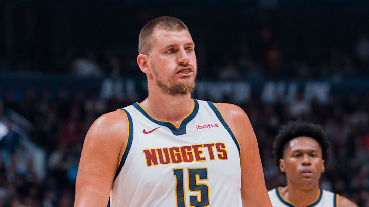 Oct 6, 2025; Vancouver, British Columbia, CAN; Denver Nuggets center Nikola Jokic (15) during a stop in play against the Toronto Raptors in the second half at Rogers Arena. Mandatory Credit: Bob Frid-Imagn Images Oct 6, 2025; Vancouver, British Columbia, CAN; Denver Nuggets center Nikola Jokic (15) during a stop in play against the Toronto Raptors in the second half at Rogers Arena. Mandatory Credit: Bob Frid-Imagn Images