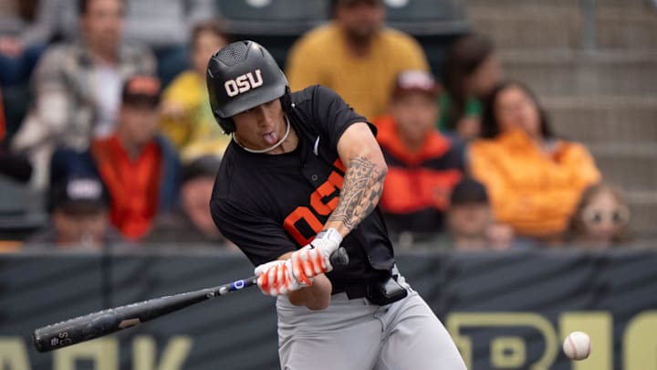 Oregon State infielder Aiva Arquette hits a single as the Oregon Ducks host the Oregon State Beavers on April 25, 2025, at PK Park in Eugene.