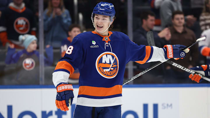 Jan 31, 2026; Elmont, New York, USA; New York Islanders defenseman Matthew Schaefer (48) celebrates after scoring a goal in the first period against the Nashville Predators at UBS Arena. Mandatory Credit: Wendell Cruz-Imagn Images Jan 31, 2026; Elmont, New York, USA; New York Islanders defenseman Matthew Schaefer (48) celebrates after scoring a goal in the first period against the Nashville Predators at UBS Arena. Mandatory Credit: Wendell Cruz-Imagn Images