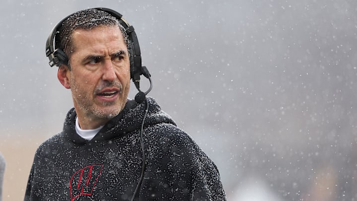 Nov 29, 2025; Minneapolis, Minnesota, USA; Wisconsin Badgers head coach Luke Fickell looks on during the first half against the Minnesota Golden Gophers at Huntington Bank Stadium. Mandatory Credit: Matt Krohn-Imagn Images
