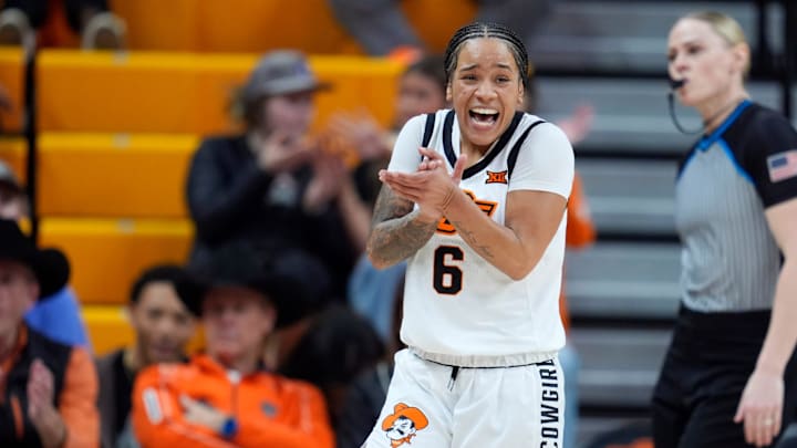 Oklahoma State Cowgirls guard Jadyn Wooten (6) celebrates during a women's college basketball game between the Oklahoma State Cowgirls (OSU) and the Arizona State Sun Devils at Gallagher-Iba Arena in Stillwater, Okla., Wednesday, Jan. 29, 2025.