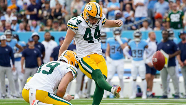 Green Bay Packers place kicker Brayden Narveson (44) kicks a field goal against the Tennessee Titans during the first quarter at Nissan Stadium in Nashville, Tenn., Sunday, Sept. 22, 2024.