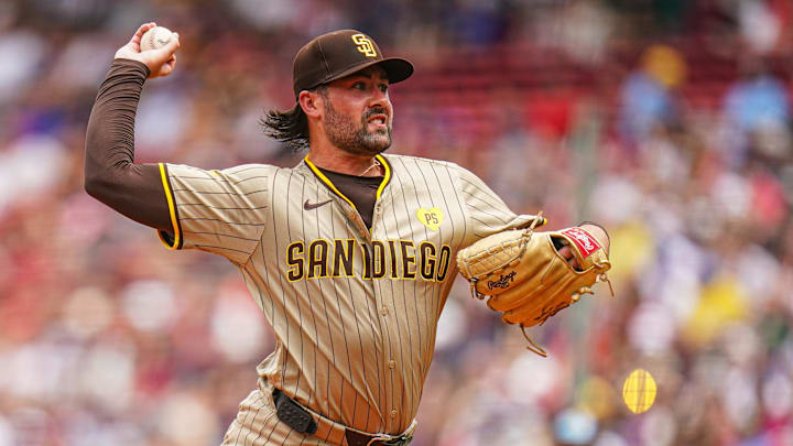 Jun 30, 2024; Boston, Massachusetts, USA; San Diego Padres starting pitcher Matt Waldron (61) throws a pitch against the Boston Red Sox in the first inning at Fenway Park. Mandatory Credit: David Butler II-Imagn Images Jun 30, 2024; Boston, Massachusetts, USA; San Diego Padres starting pitcher Matt Waldron (61) throws a pitch against the Boston Red Sox in the first inning at Fenway Park. Mandatory Credit: David Butler II-Imagn Images