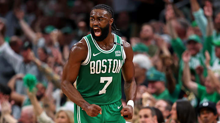 Jun 17, 2024; Boston, Massachusetts, USA; Boston Celtics guard Jaylen Brown (7) celebrates after making a three pointer against the Dallas Mavericks in game five of the 2024 NBA Finals at TD Garden. Mandatory Credit: Peter Casey-Imagn Images