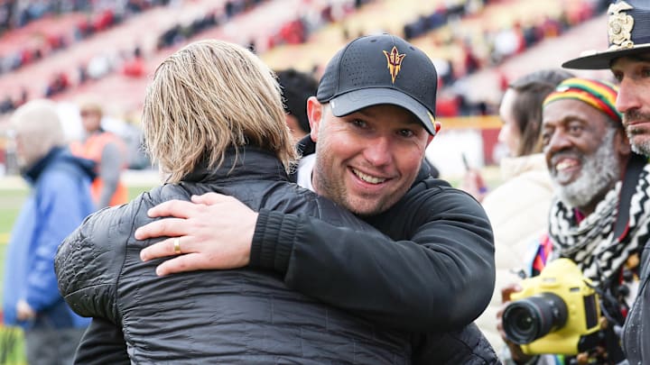 Ames, Iowa, USA; Arizona State Sun Devils head coach Kenny Dillingham is all smiles after the Sun Devils defeated the Iowa State Cyclones at Jack Trice Stadium. Ames, Iowa, USA; Arizona State Sun Devils head coach Kenny Dillingham is all smiles after the Sun Devils defeated the Iowa State Cyclones at Jack Trice Stadium.
