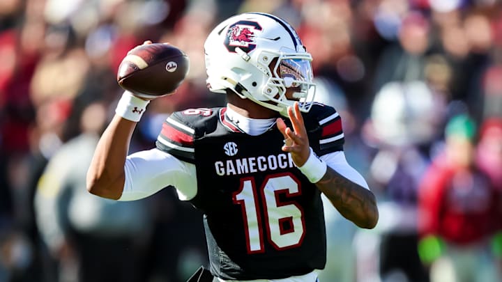 Nov 29, 2025; Columbia, South Carolina, USA; South Carolina Gamecocks quarterback Lanorris Sellers (16) passes against the Clemson Tigers in the first quarter at Williams-Brice Stadium. Mandatory Credit: Jeff Blake-Imagn Images