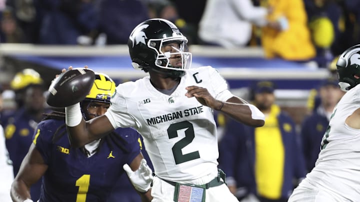 Oct 26, 2024; Ann Arbor, Michigan, USA;  Michigan State Spartans quarterback Aidan Chiles (2) passes in the second half against the Michigan Wolverines at Michigan Stadium. Mandatory Credit: Rick Osentoski-Imagn Images